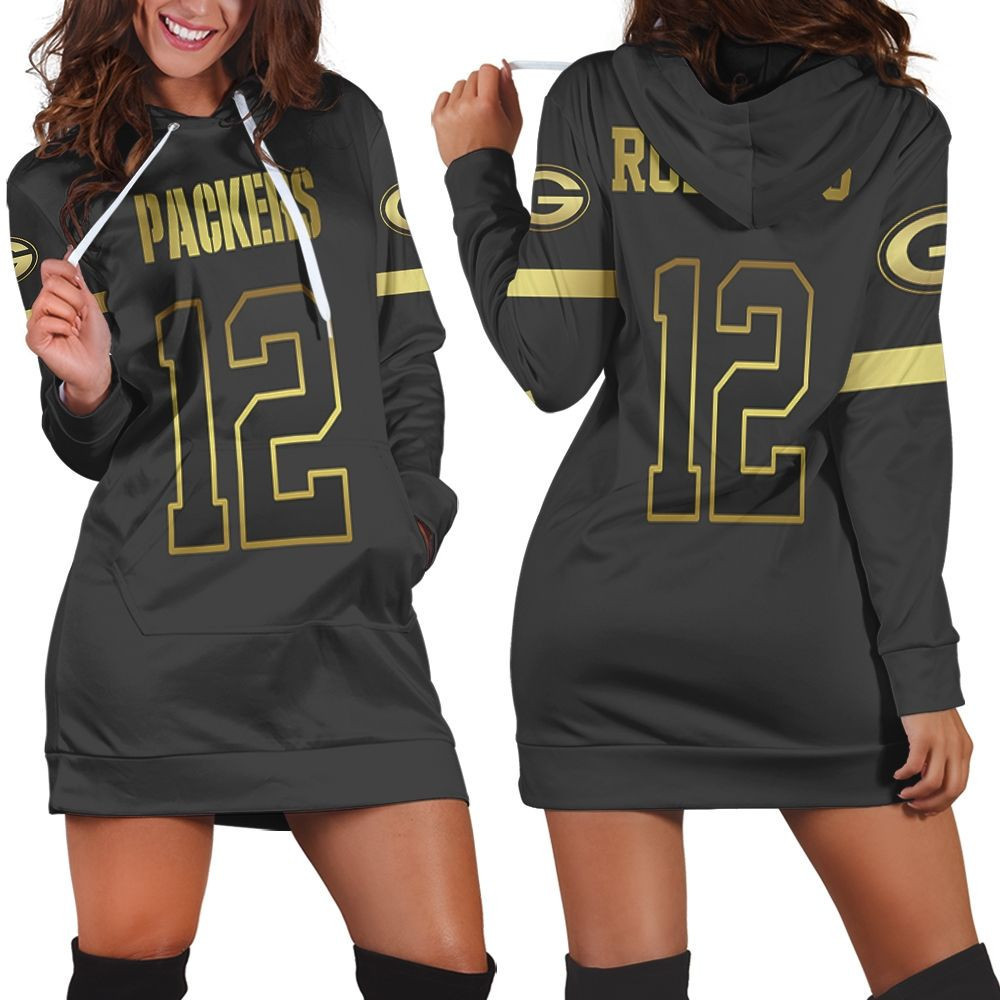 Green Bay Packers 12 Aaron Rodgers Black Golden Edition Jersey Inspired Hoodie Dress Sweater Dress Sweatshirt Dress