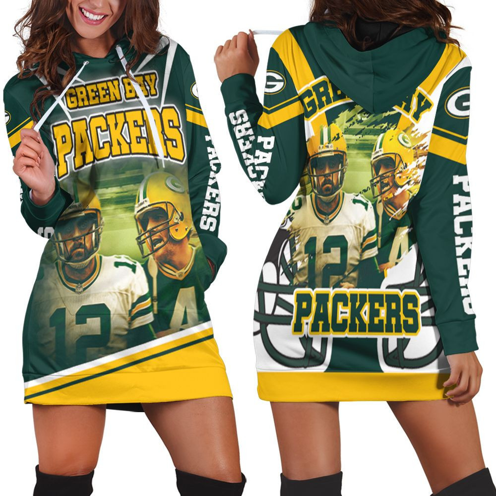 Green Bay Packers Aaron Rodgers 12 And Brett Favre 4 For Fans Hoodie Dress Sweater Dress Sweatshirt Dress