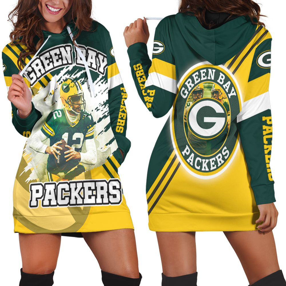 Green Bay Packers Aaron Rodgers 12 Illustrated For Fans Hoodie Dress Sweater Dress Sweatshirt Dress