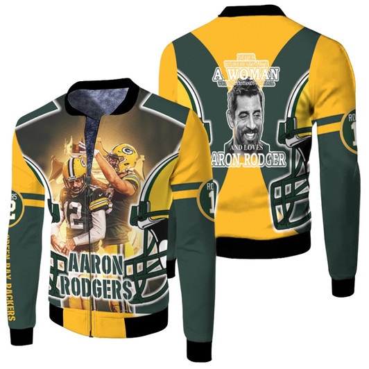 Green Bay Packers Aaron Rodgers 12 Never Underestimate A Woman Love Rodgers Pro Player Ever Fleece Bomber Jacket