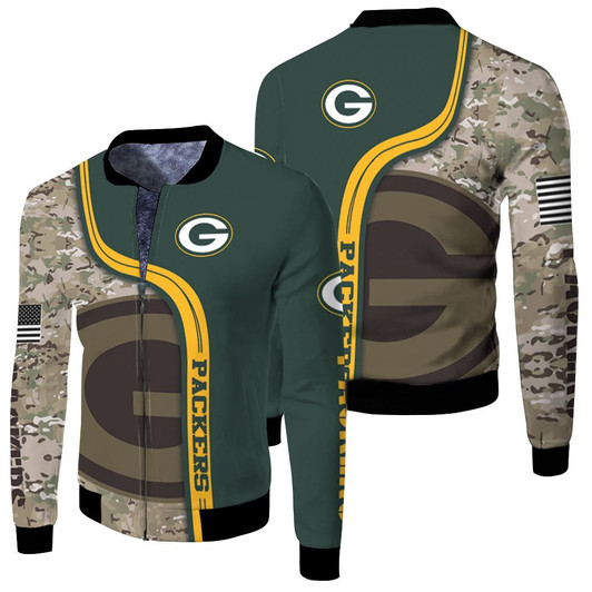 Green Bay Packers Camouflage Pattern American Flag Fleece Bomber Jacket