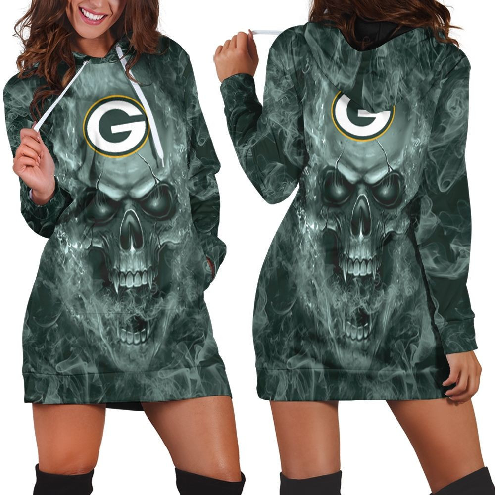 Green Bay Packers Nfl Fans Skull Hoodie Dress Sweater Dress Sweatshirt Dress