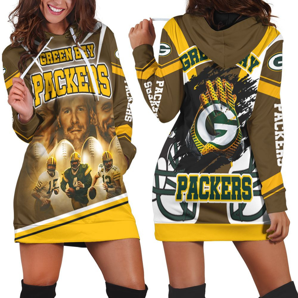 Green Bay Packers Qbs Bart Starr 15 Brett Favre 4 Aaron Rodgers 12 For Fans Hoodie Dress Sweater Dress Sweatshirt Dress