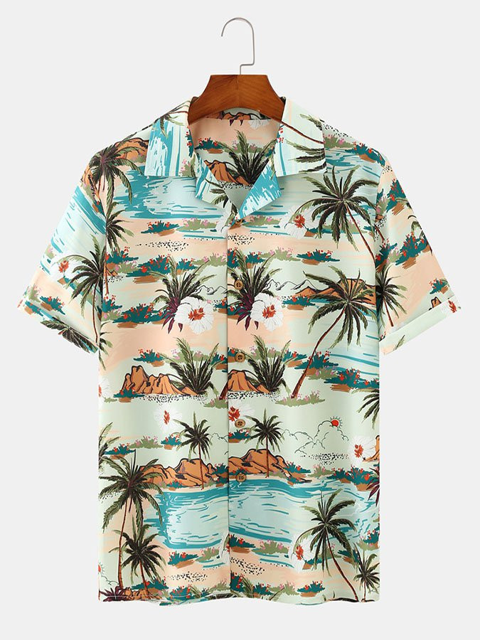 Green Cotton-Blend Printed Holiday Series Plant Shirts  Tops Hawaiian Shirt for Men Women