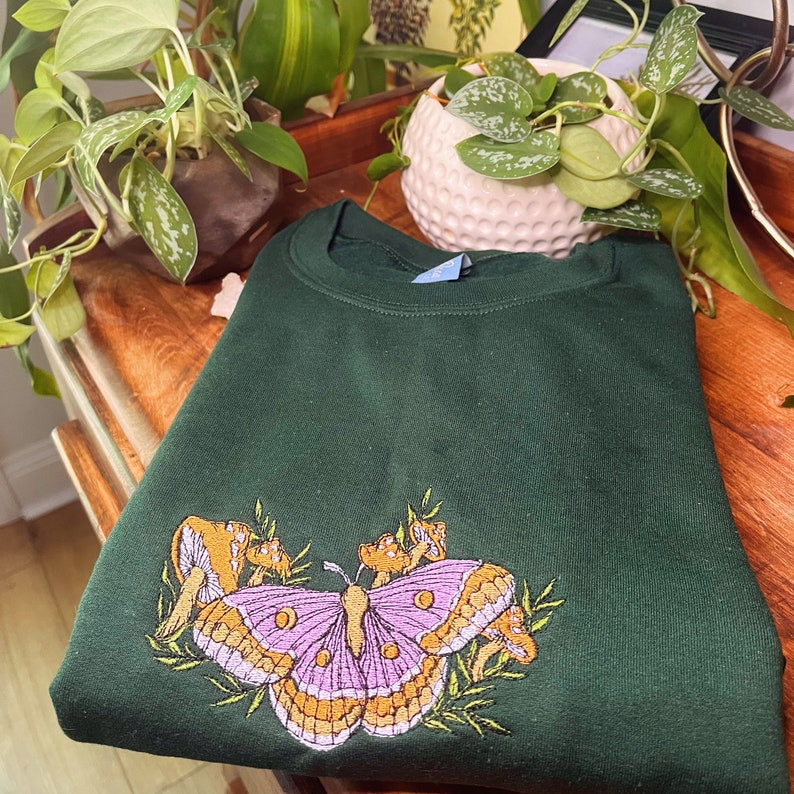 Green Mushroom Moth Crewneck - Embroidered Fleece Pullover - Custom Crewneck - Embroidered Sweatshirt