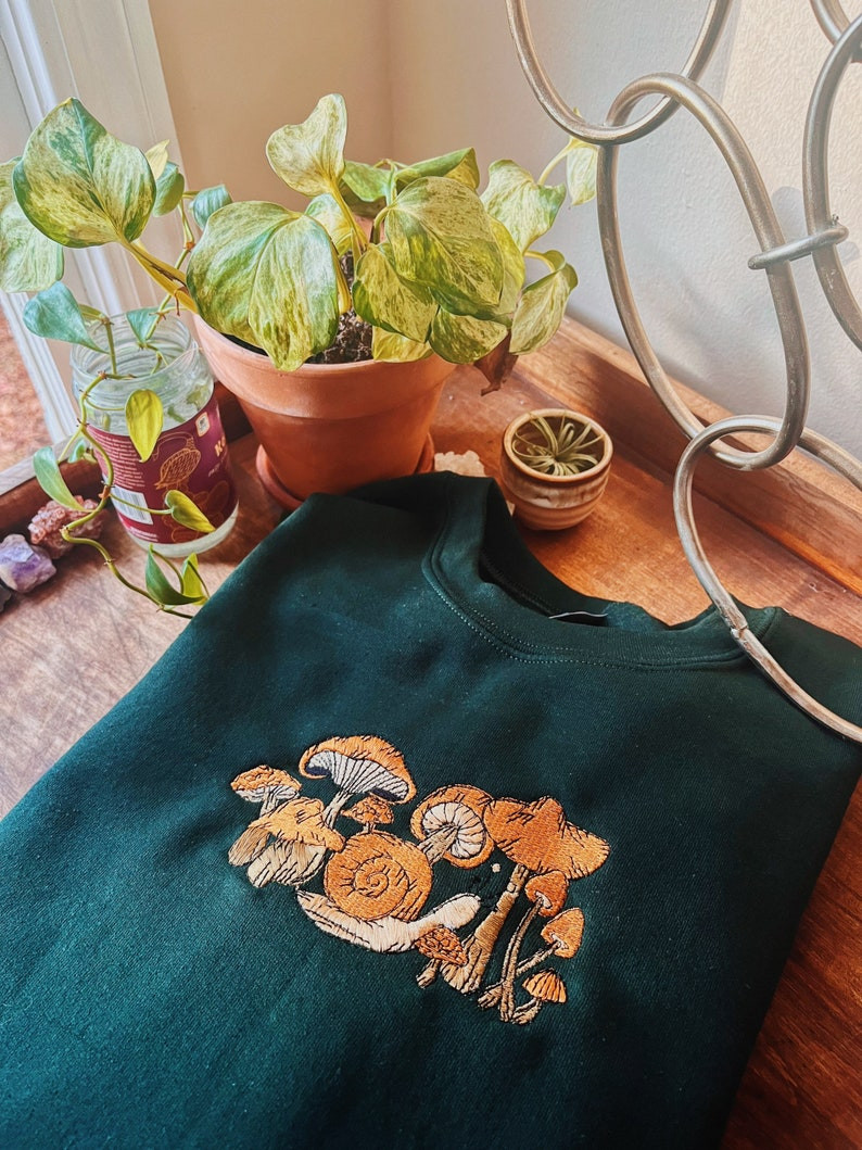 Green Mushroom Snail Embroidered Crewneck - Embroidered Sweatshirt - Mushroom Apparel