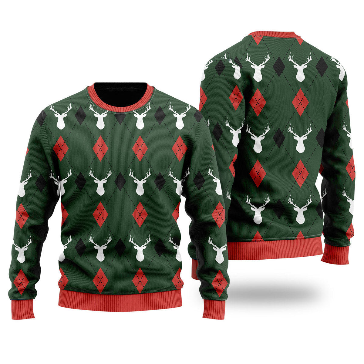 Green Reindeers Xmas Argyle Ugly Christmas Sweater Ugly Sweater For Men Women