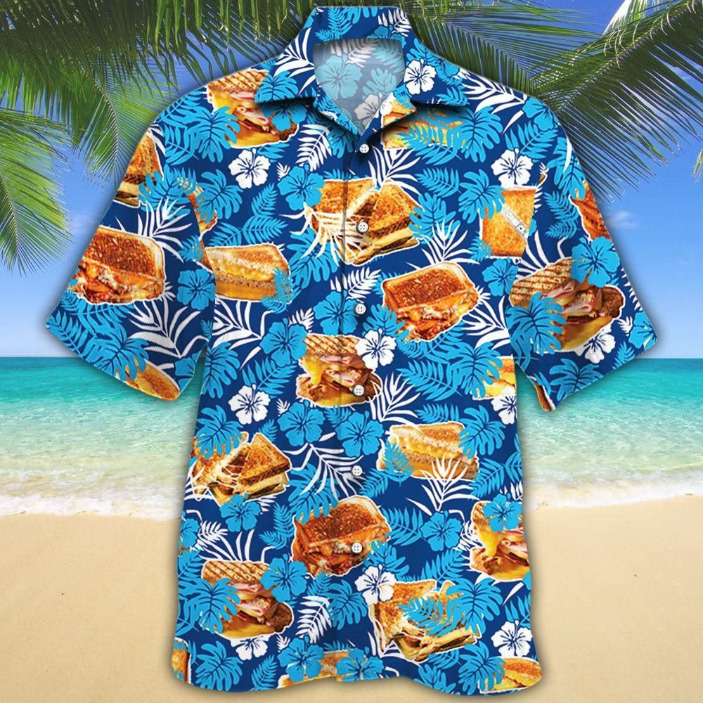 Grilled Cheese Lovers Blue Floral Aloha Hawaiian Shirt Colorful Short Sleeve Summer Beach Casual Shirt For Men And Women