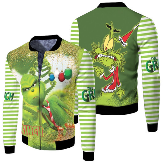 Grinch Christmas Cartoon Lights Christmas Green Fleece Bomber Jacket