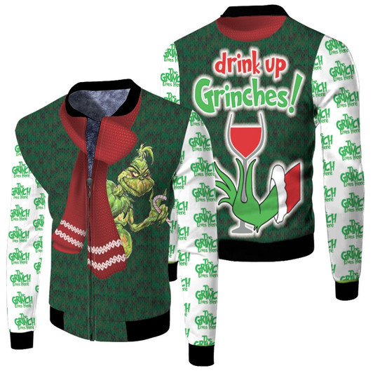 Grinch Christmas Drink Wine Fleece Bomber Jacket