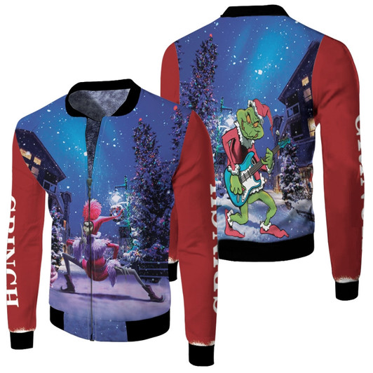 Grinch Christmas Playing Guitar Santa Claus Fleece Bomber Jacket