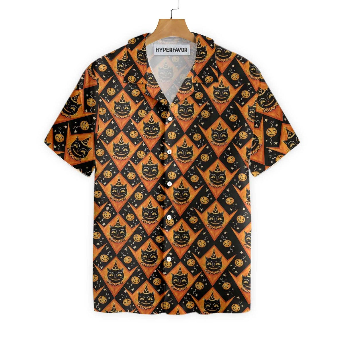 Grinning Black Cats Halloween Hawaiian Shirt For Men Black And Pumpkin Orange Harlequin Pattern Hawaiian Shirt