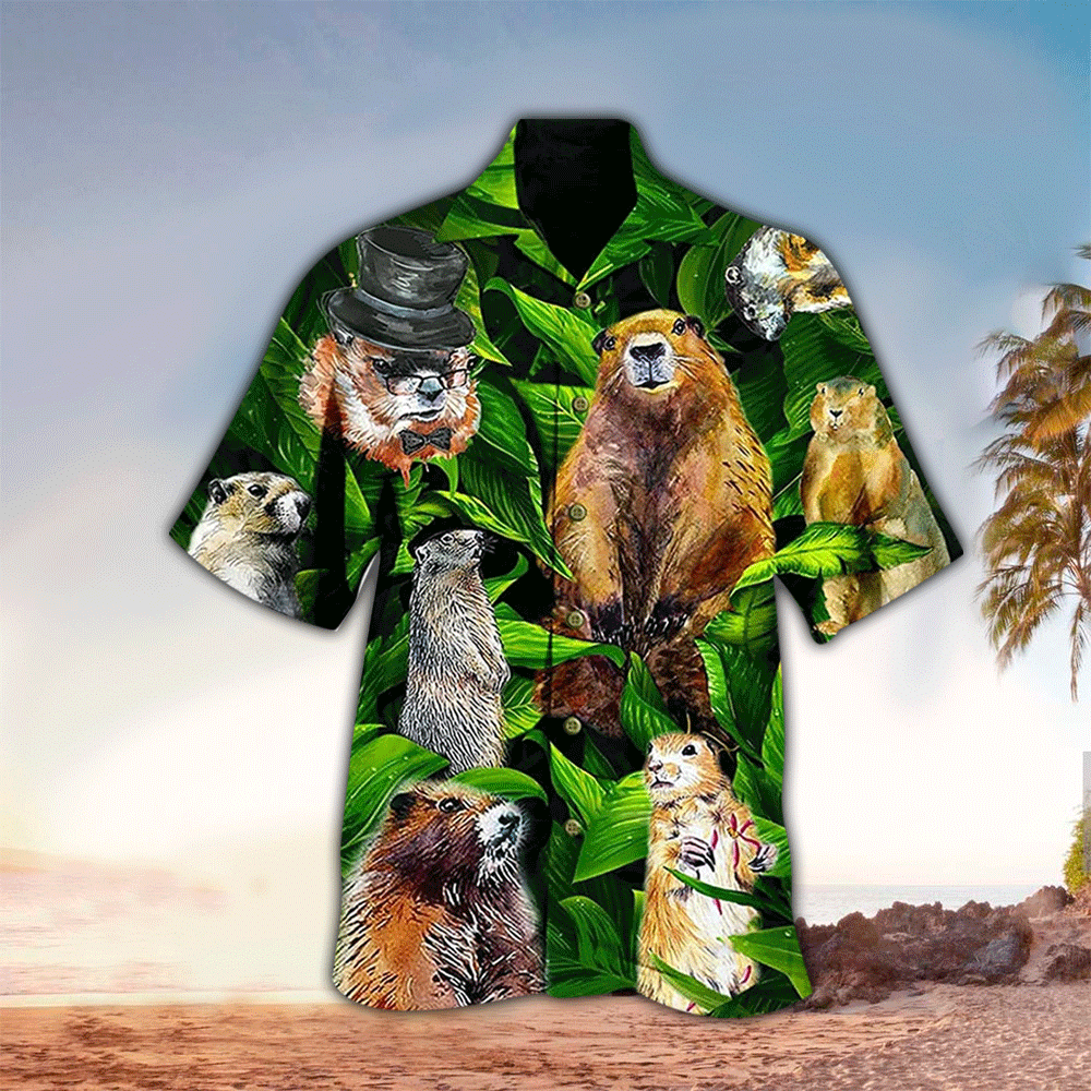 Groundhog Animals Lovely Dovely Leaf Pattern Beach Included Hawaiian Shirt for Men and Women