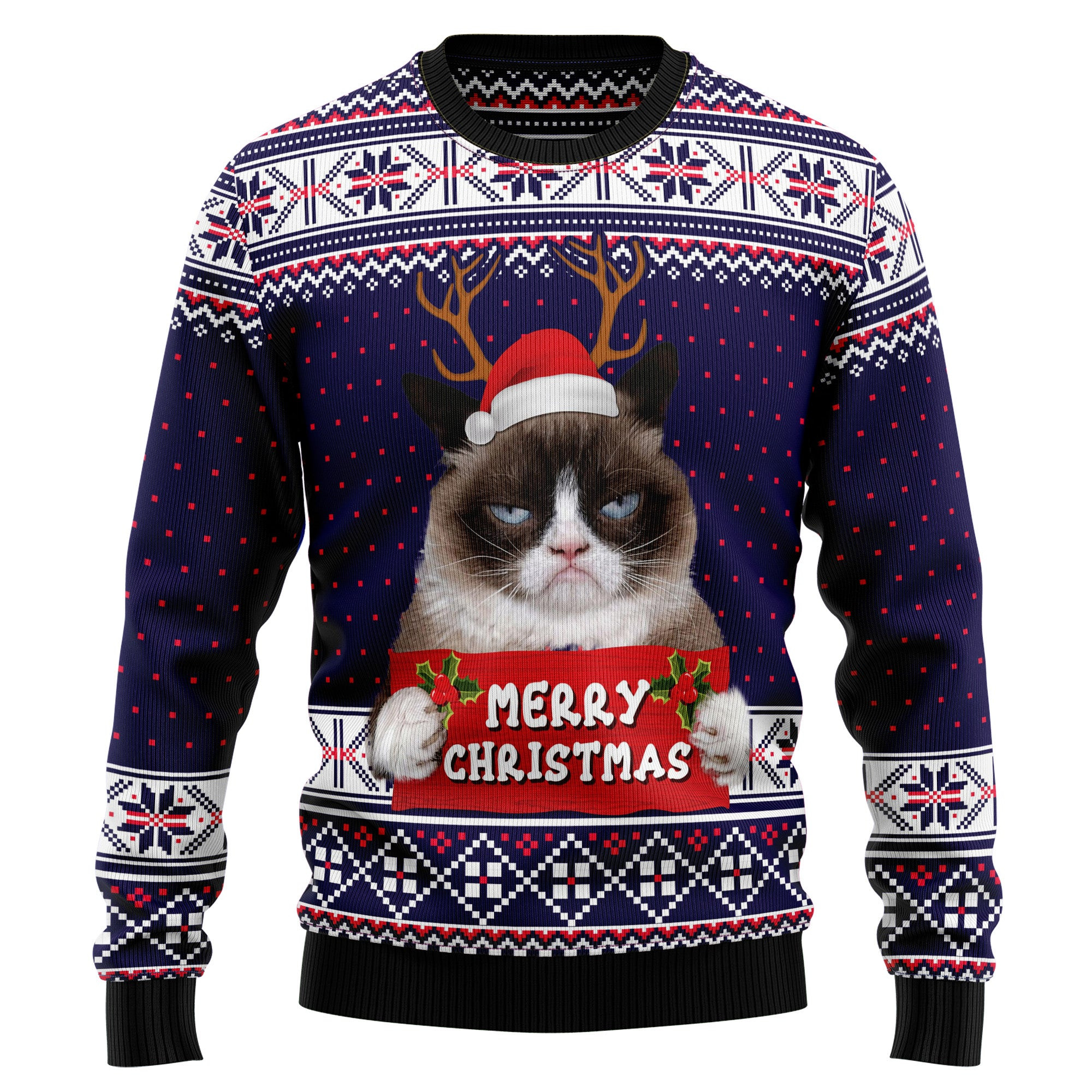 Grumpy Cat Merry Christmas Xmas Santa Hat Ugly Christmas Sweater