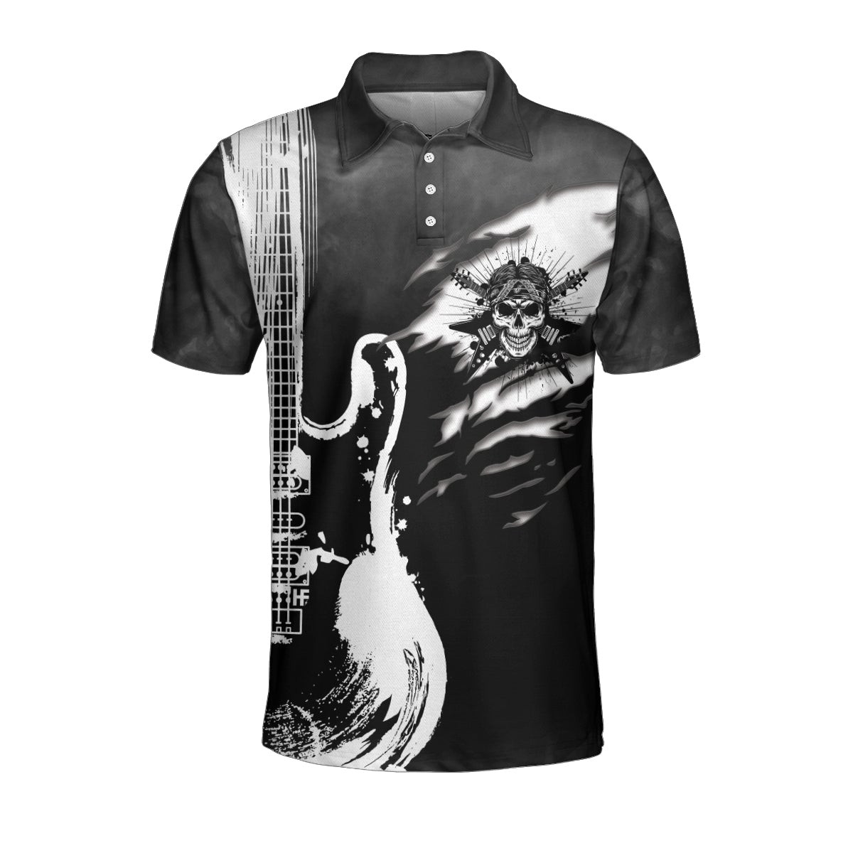 Guitar And Skull Short Sleeve Polo Shirt Streetwear Polo Shirt Black And White Guitar Shirt For Men