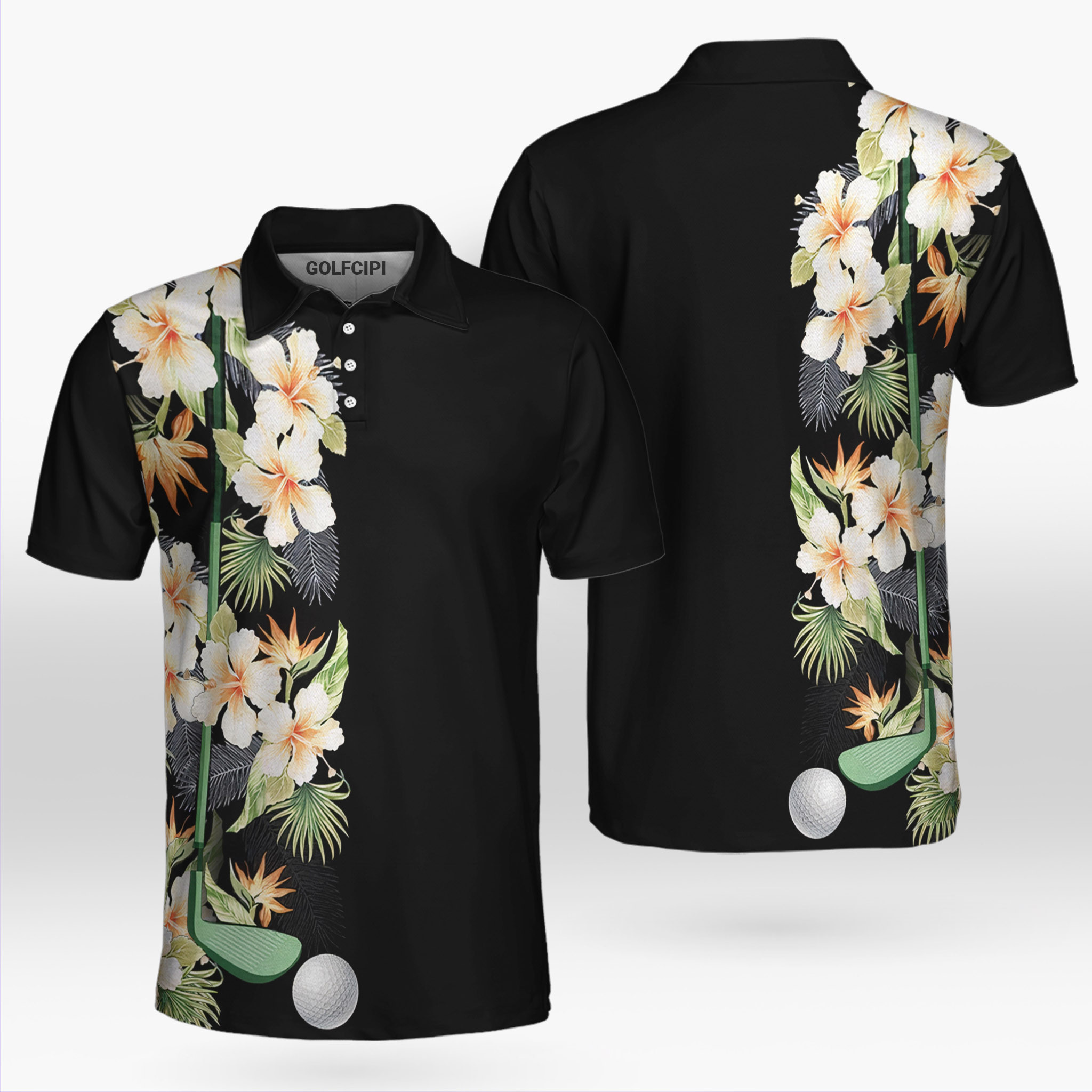 Half Of Black Floral Golf Shirt Golf Shirts Short Sleeve Polo For Men