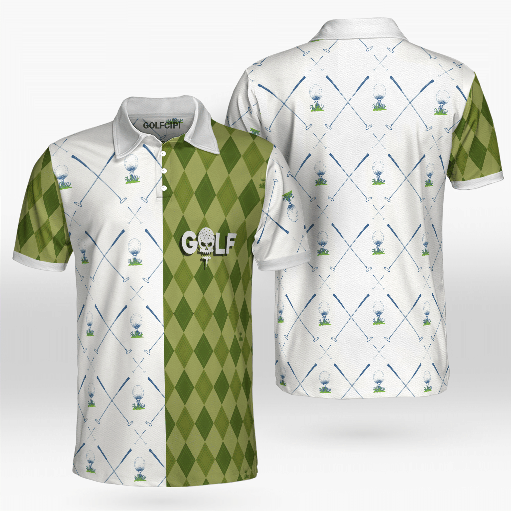 Half Of White Argyle Green Golf Shirt Golf Shirts Short Sleeve Polo For Men