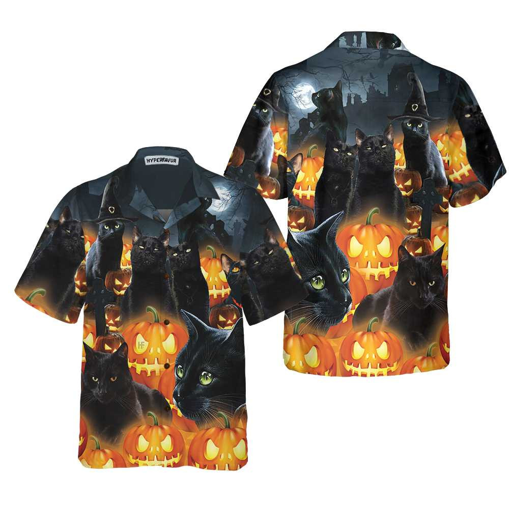 Halloween Black Cat  Pumpkin Hawaiian Shirt Spooky Halloween Shirt For Men And Women