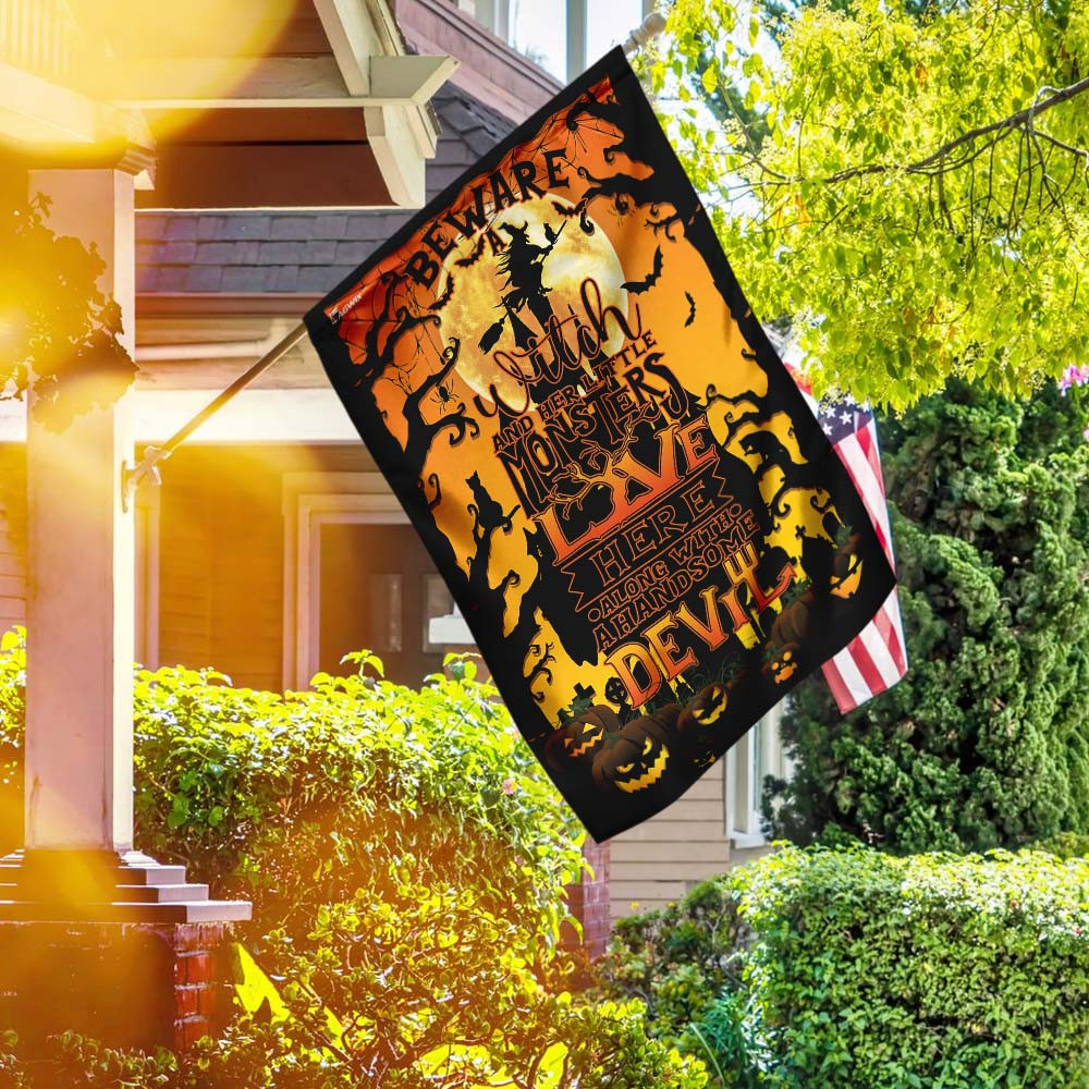 Halloween Flag Beware A Witch And Her Little Monsters Live Here Flag Halloween Decor