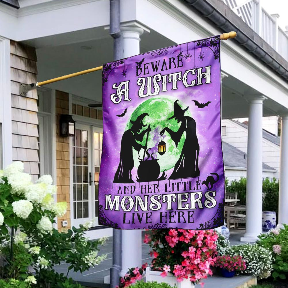 Halloween Flag Beware A Witch  Her Little Monsters Live Here Flag Halloween Decor