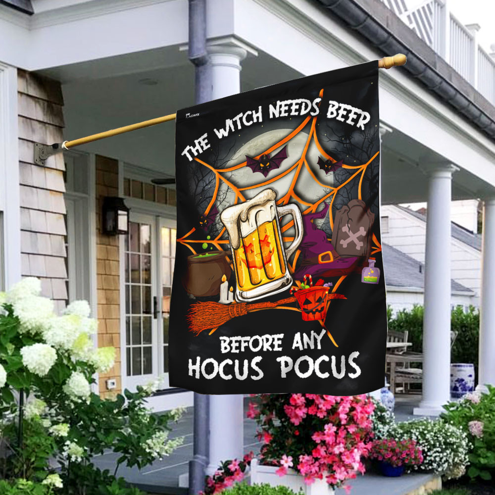 Halloween Flag The Witch Needs Beer Before Any Hocus Pocus Flag Halloween Decor