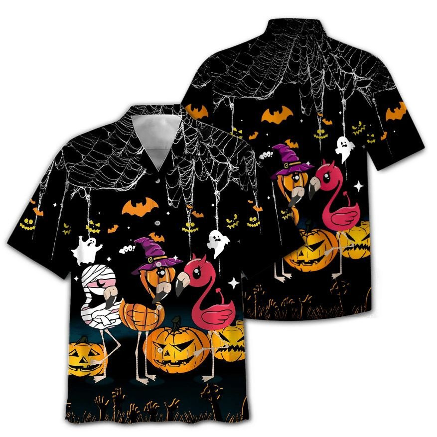 Halloween Flamingo And Pumpkin Print Hawaiian Shirt Summer Aloha Shirt, Short Sleeve Hawaiian Shirt