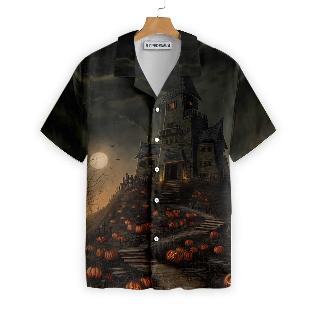 Halloween Haunted House On The Hill With Pumpkin Hawaiian Shirt Full Moon Haunted Jack-o-lantern Hawaiian Shirt For Men