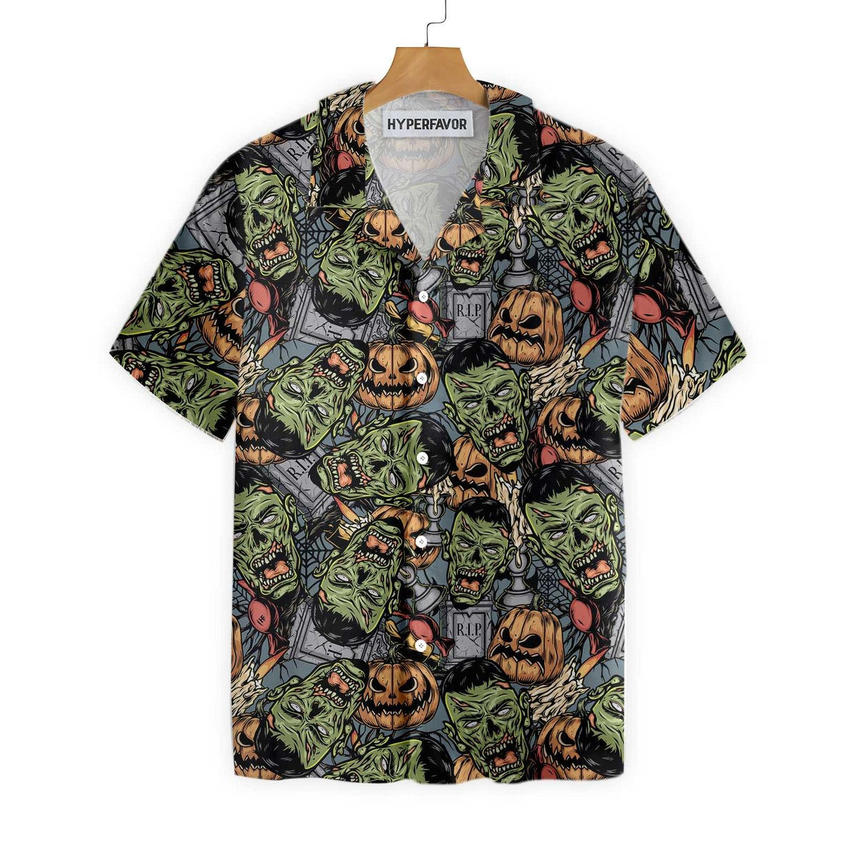 Halloween Monsters Hawaiian Shirt For Men Rip Grave Board Frankenstein And Jack-o-lantern Pumpkin Hawaiian Shirt