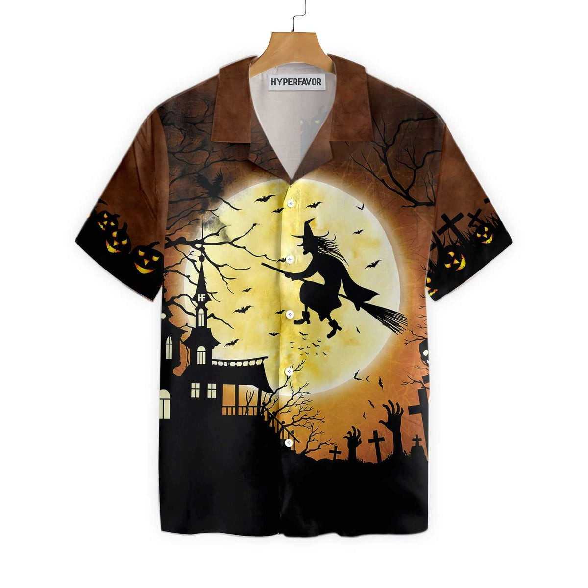 Halloween Night Flying Witch Over A Castle Hawaiian Shirt Full Moon Pumpkin Graveyard Zombie Hawaiian Shirt For Men