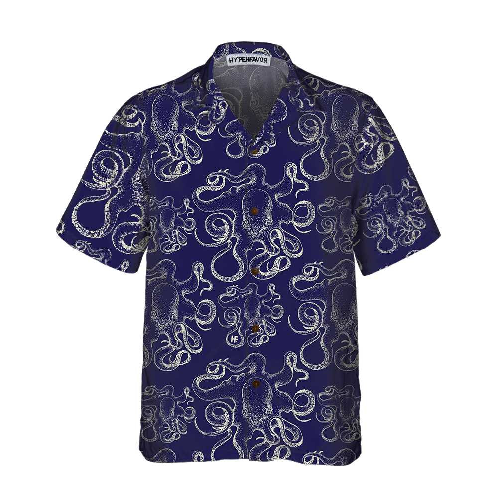 Hand Drawn Octopus Hawaiian Shirt Unique Navy Octopus Shirt For Men  Women