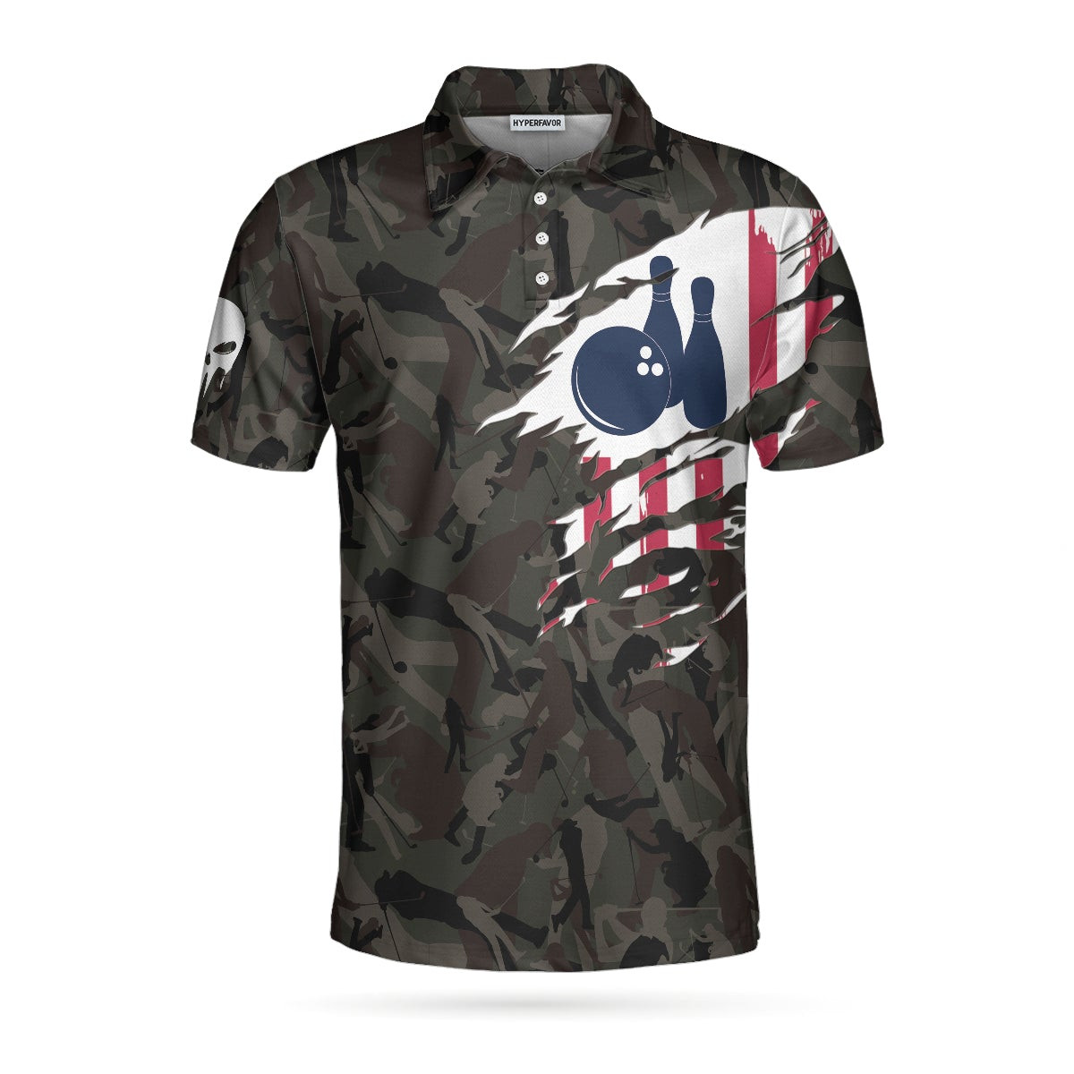 Hand Instruction American Flag Camouflage Bowling Polo Shirt Camo Bowling Shirt For Men