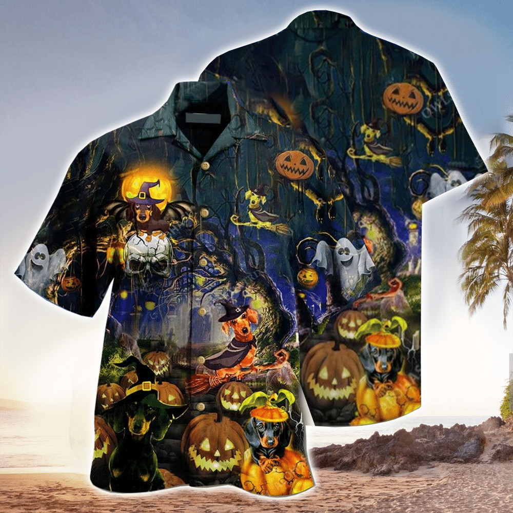 Happy Halloween Dachshund Cosplay Witches With Pumpkin Hawaiian Shirt for Men and Women