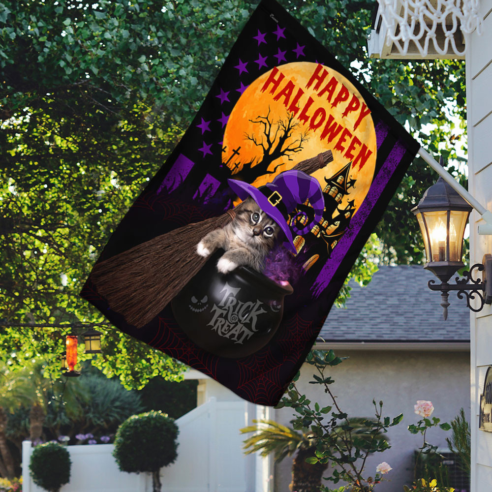 Happy Halloween Trick Or Treat Kitten Flag Halloween Outdoor Decor Fall Yard House Decoration