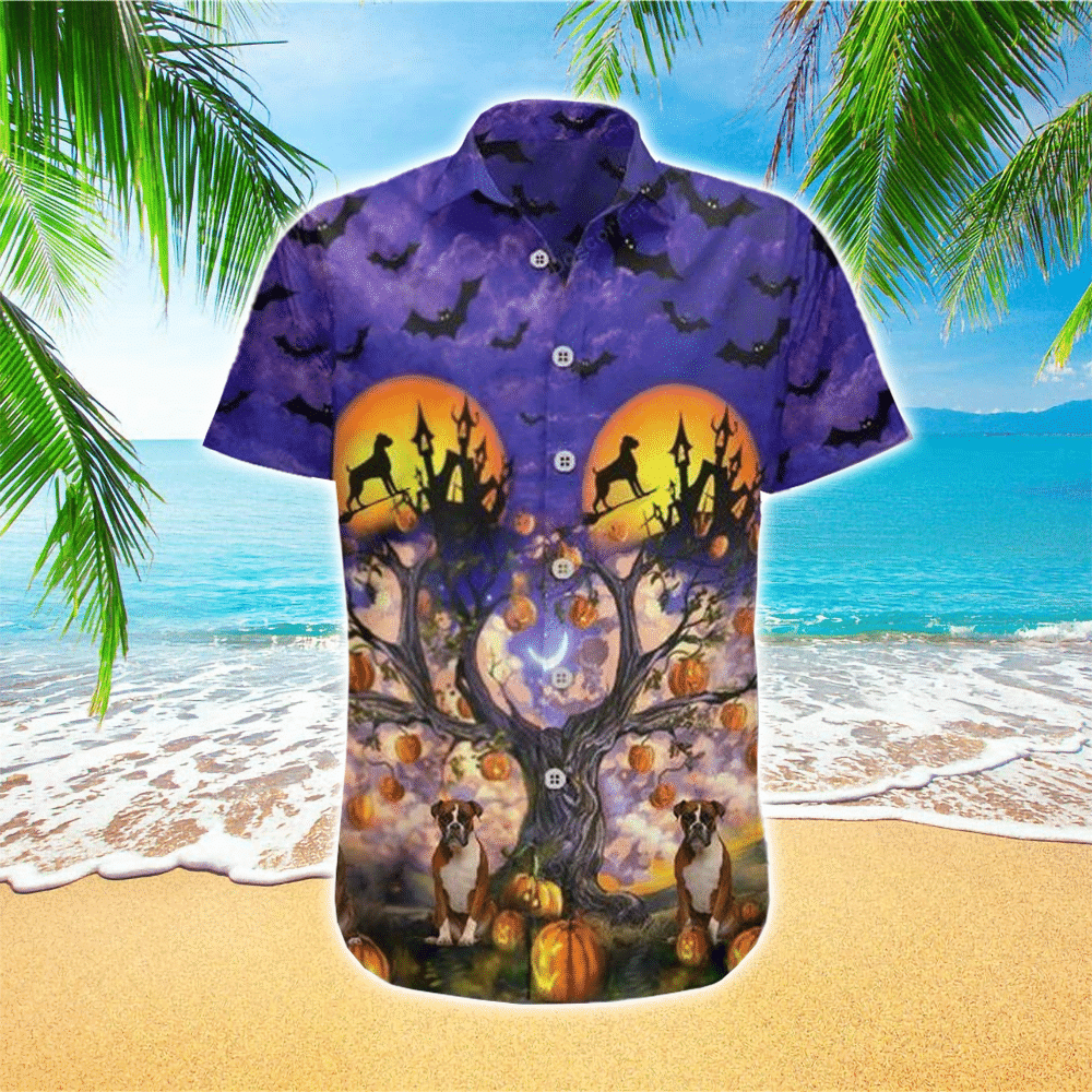 Happy Halloween With Amazing Boxer And Bat Pumpkin Tree Gift For Dog Lovers Hawaiian Shirt for Men and Women