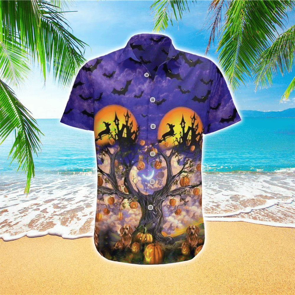 Happy Halloween With Funny Dachshund And Bat Pumpkin Tree Gift For Dog Lovers Hawaiian Shirt for Men and Women