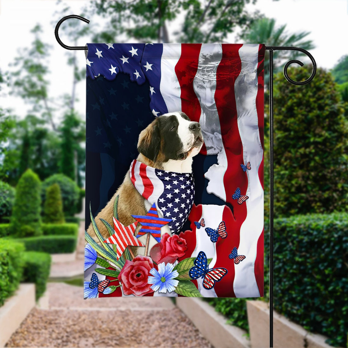 Happy Independence Day Flag St Bernard Dog 4th Of July Flag Fourth July St Bernard Dog Flag American St Bernard Dog Patriotic Flag