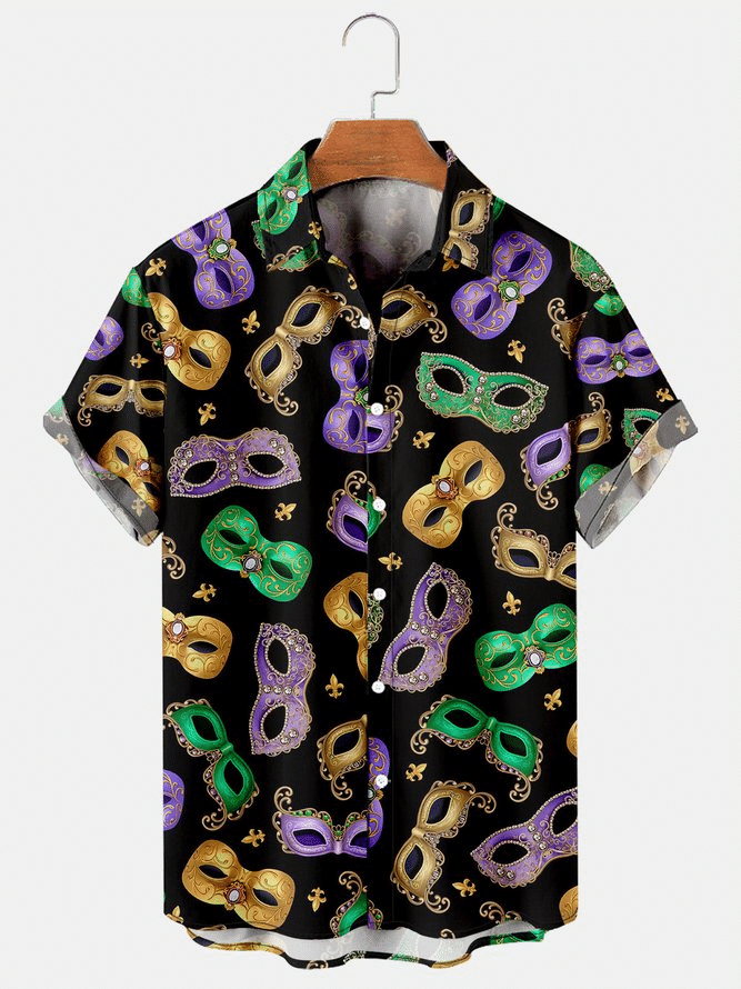 Happy Mardi Gras Carnival Masks Print Casual Short Sleeve Hawaiian Shirts For Men