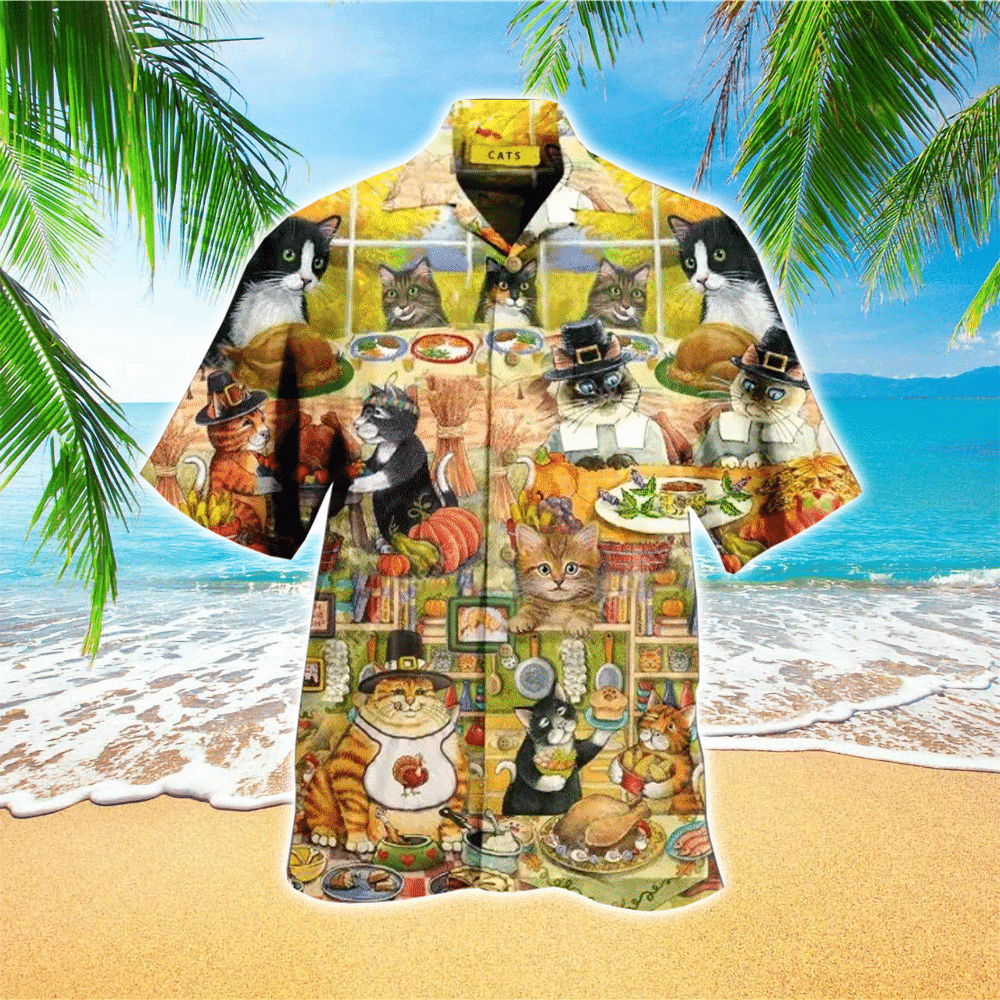 Happy Thanksgiving With Cats Colorful Comfortable Hawaiian Shirt for Men and Women