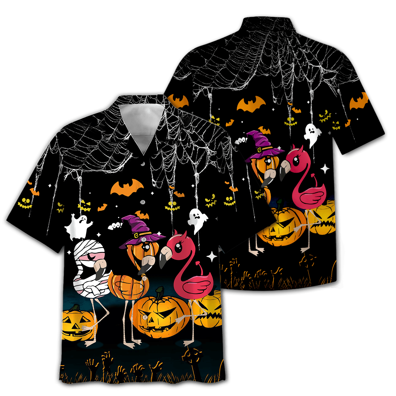 Hawaiian Aloha Shirts Flamingo Pumpkin Halloween Summer Aloha Shirt, Short Sleeve Hawaiian Shirt