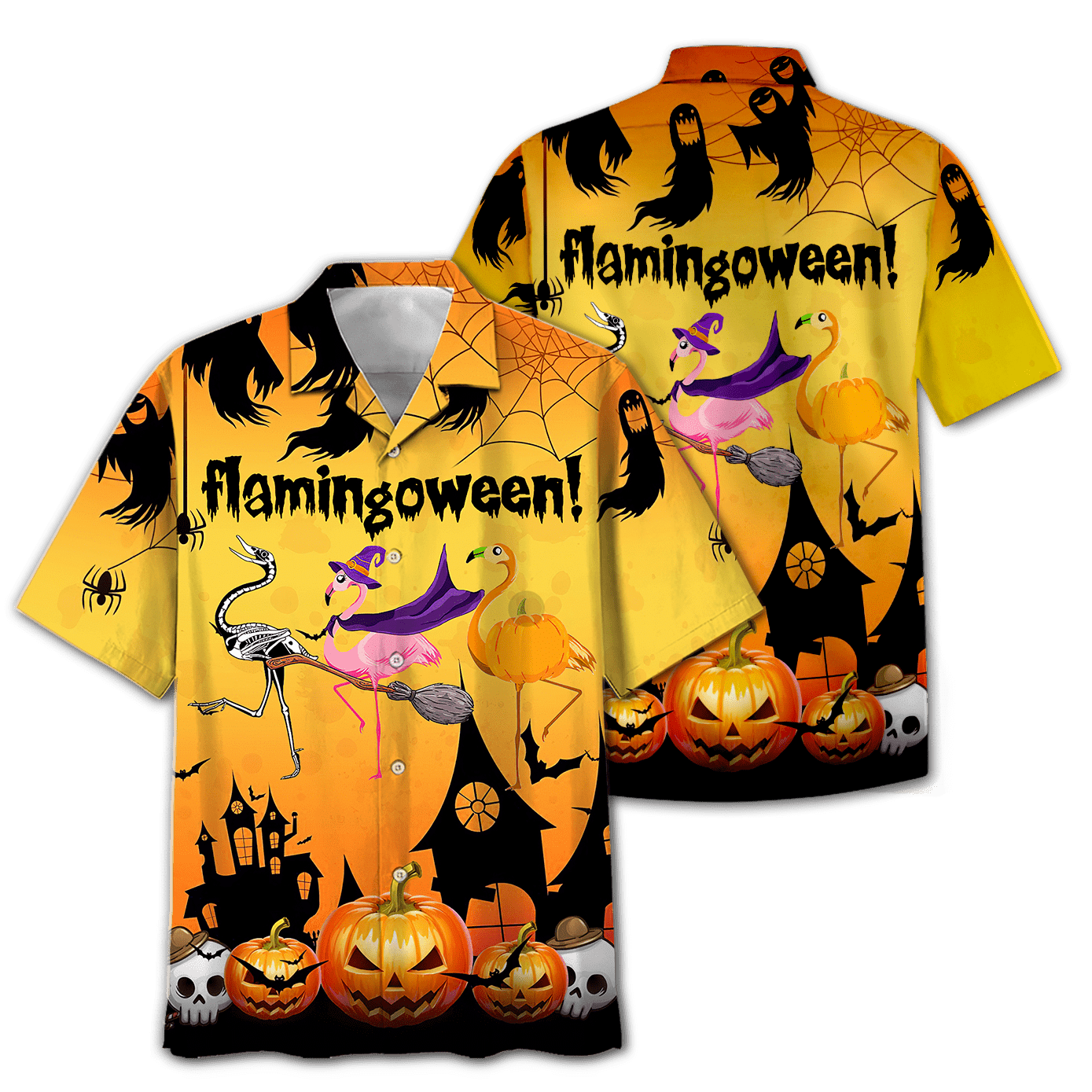 Hawaiian Aloha Shirts Flamingoween Halloween Summer Aloha Shirt, Short Sleeve Hawaiian Shirt