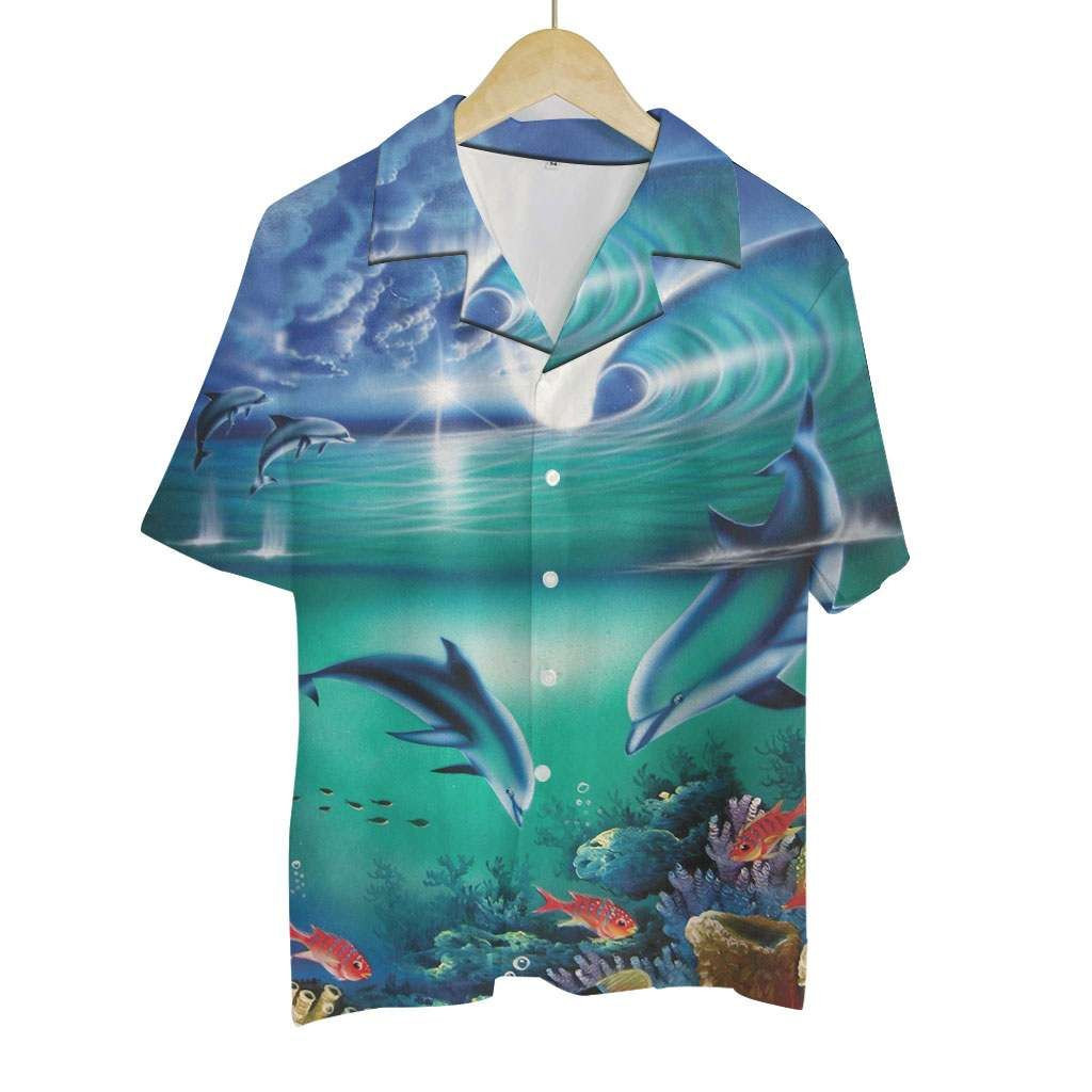 Hawaiian Shirt Colorful Animals Dolphin (green Wave) Hawaiian Shirt For Men