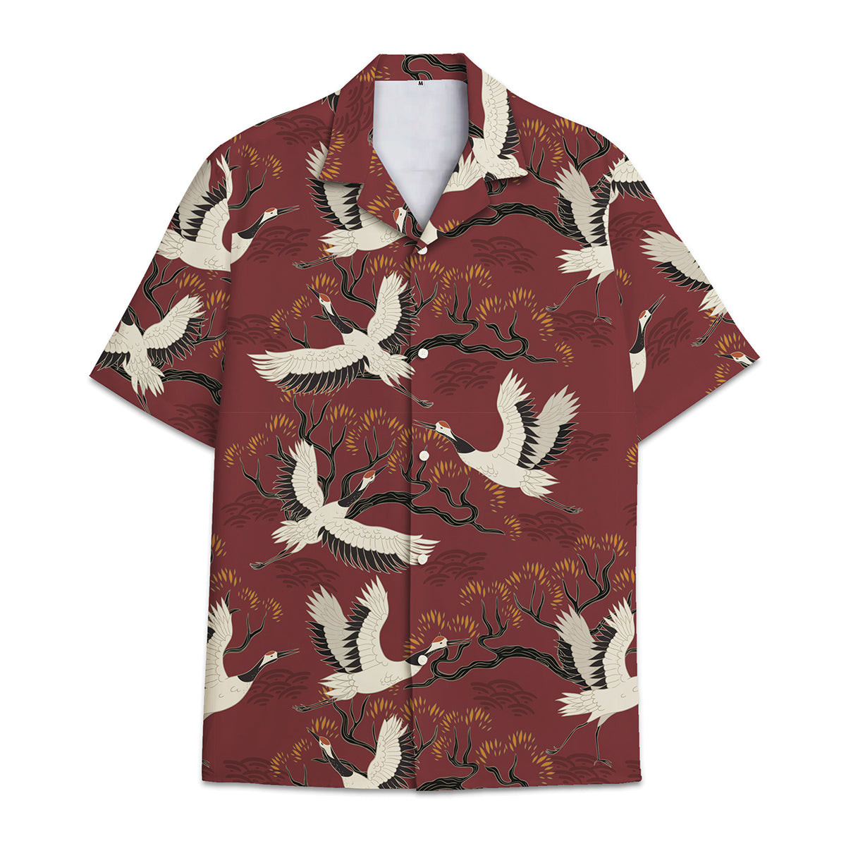 Hawaiian Shirt Red-Crowned Crane Aka Japanese Crane Pattern With Tropical Flower An Plants