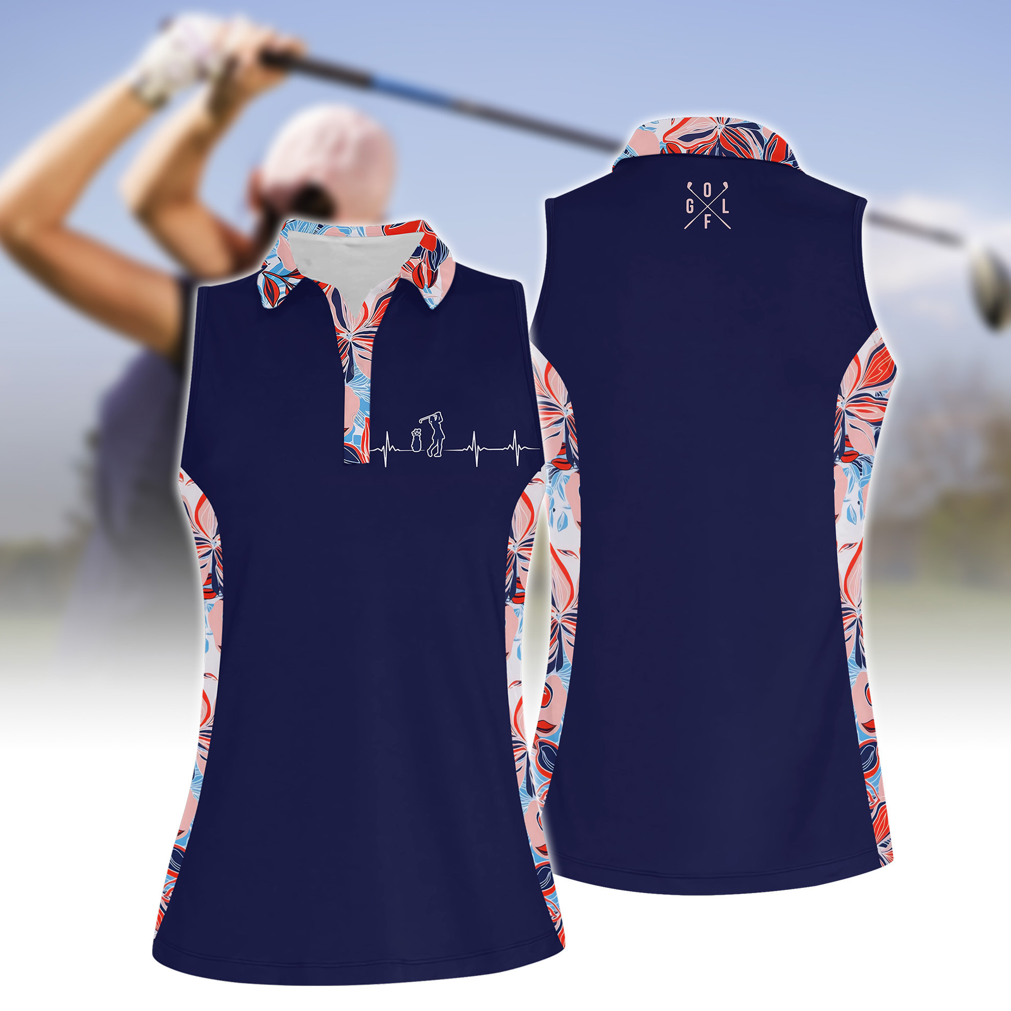 Heart Beat Golf Tropical Flower Side Pattern Women Short Sleeve Polo Shirt Sleeveless Polo Shirt