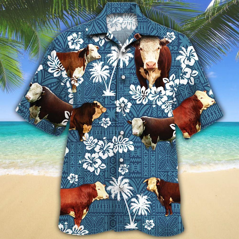 Hereford Cattle Lovers Blue Tribal Aloha Hawaiian Shirt Colorful Short Sleeve Summer Beach Casual Shirt For Men And Women