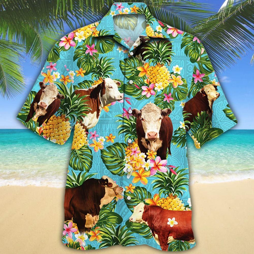 Hereford Cattle Lovers Pineapple Aloha Hawaiian Shirt Colorful Short Sleeve Summer Beach Casual Shirt For Men And Women