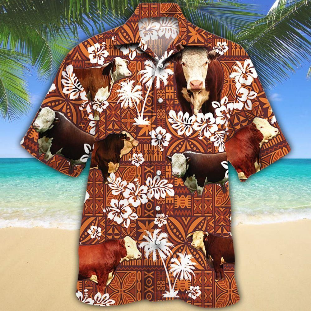 Hereford Cattle Lovers Red Tribal Aloha Hawaiian Shirt Colorful Short Sleeve Summer Beach Casual Shirt For Men And Women