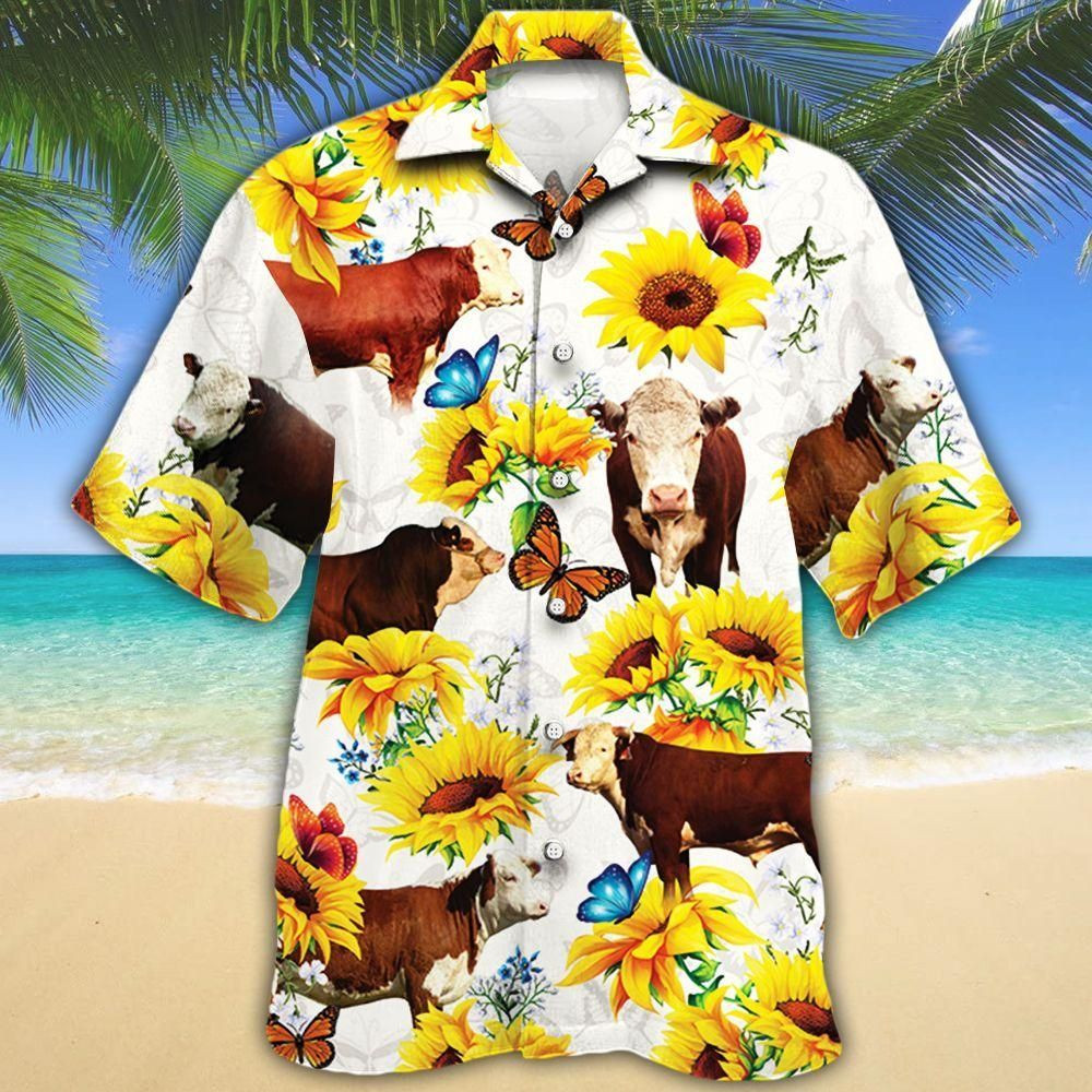 Hereford Cattle Lovers Sun Flower Aloha Hawaiian Shirt Colorful Short Sleeve Summer Beach Casual Shirt For Men And Women