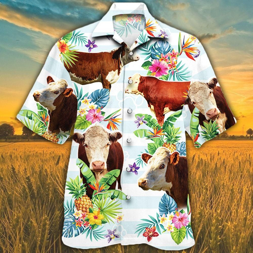 Hereford Cattle Lovers Tropical Flower Aloha Hawaiian Shirt Colorful Short Sleeve Summer Beach Casual Shirt For Men And Women