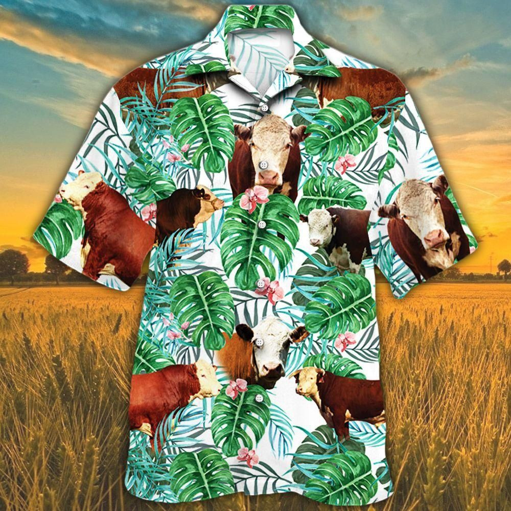 Hereford Cattle Lovers Tropical Plant Aloha Hawaiian Shirt Colorful Short Sleeve Summer Beach Casual Shirt For Men And Women