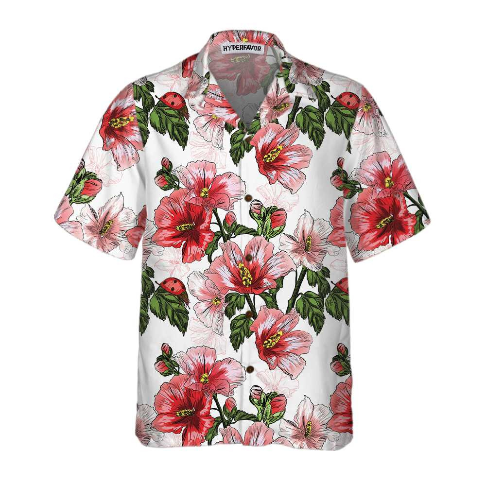 Hibiscus With Ladybug Seamless Pattern Hawaiian Shirt Short Sleeve Red Hibiscus Shirt